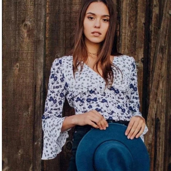 Free People Lady Bohemian Bell Floral Crop Smock Top Blue Boho Button Blouse L - Picture 1 of 13